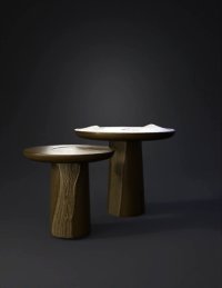 3d model: Two round wooden tables with dark brown finish and wood grain texture