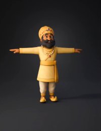 3d model: golden king figure wearing ornate turban jewelry and yellow attire w
