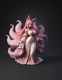 3d model: fox girl with pink hair fox ears and multiple fluffy tails wearing a