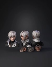 3d model: three view portrait of silver haired character with armored collar and