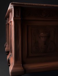 3d model: ornate wooden desk with carved panels and column details dark brown w