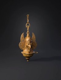 3d model: brass oil lamp pendant with winged motif gold color filigree wings