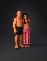 3d model: two stylized dolls with tan skin one male and one female wearing swi