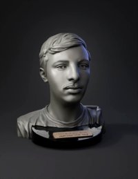 3d model: 3d bust sculpture of a male portrait with mustache on a pedestal label