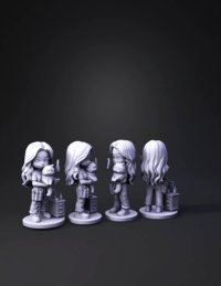 3d model: Chibi female artist character with cat sculpting tools belt workstat