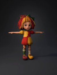 3d model: colorful patchwork doll in red yellow dress with striped socks and yar