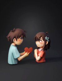 3d model: romantic cartoon couple offering a heart in warm colors