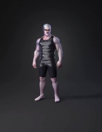 3d model: muscular man wearing black tank top and shorts with bare feet