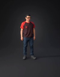 3d model: adult man wearing red and maroon short sleeve t shirt with black pants