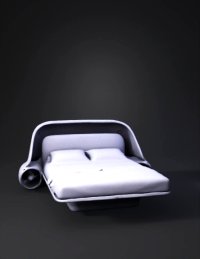 3d model: futuristic bed with curved frame glowing blue accents upholstered he
