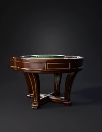 3d model: circular poker table with green felt red padded seats brown wooden b