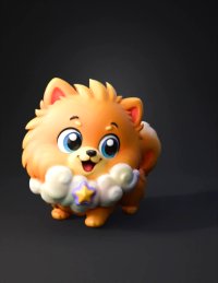 3d model: orange fluffy puppy with blue eyes and cloud scarf with yellow star ac
