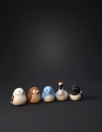 3d model: five round bird figurines with small beaks varied colors white brow