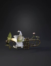 3d model: brass trumpet overgrown with moss and white lily flowers