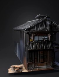 3d model: wooden traditional Japanese house with tiled roof and sliding doors b