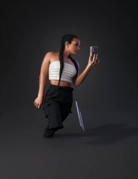 3d model: woman in striped crop top and black pants posing in mirror