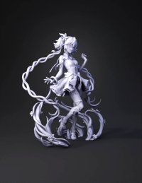 3d model: white haired anime girl figure in a white and red dress with sculpted