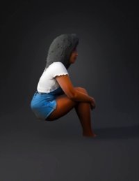 3d model: young woman wearing white top and denim overalls seated with legs cro