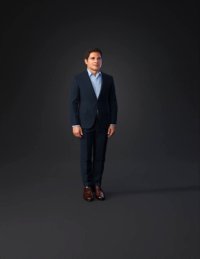 3d model: man wearing navy suit with light blue shirt and brown dress shoes