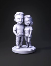 3d model: couple figurines on round base casual outfits blue shirt and gray sh