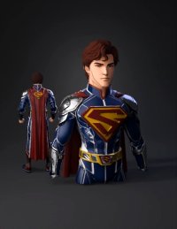 3d model: blue armored superhero suit with red cape and yellow chest emblem sil
