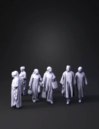 3d model: group of people in colorful traditional clothing walking through an ou