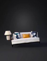 3d model: beige fabric sofa with yellow center cushion and teal accent cushions