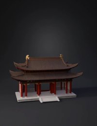 3d model: Chinese temple gate with curved tiled roof red columns and ornate go