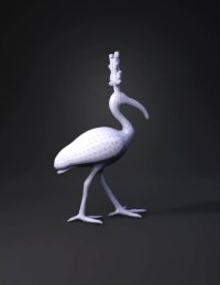 3d model: bronze bird statue with long curved beak detailed feather texture an