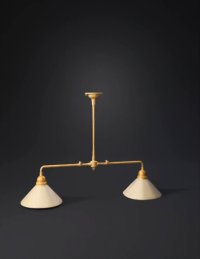 3d model: two arm brass chandelier with white conical shades and brass fittings
