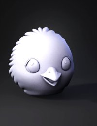 3d model: yellow chick head with fluffy texture black eyes orange beak