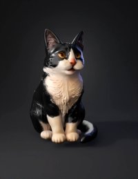 3d model: tuxedo cat with black and white fur yellow eyes pink nose sitting p