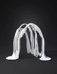3d model: glowing arch sculpture formed by hanging light strands with a reflecti