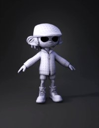 3d model: elf like character with green hair camo pattern cardigan shorts and