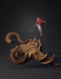 3d model: sea monster with curved horns and massive body emerging from turbulent