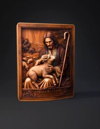 3d model: wooden relief panel depicting shepherd Jesus with lamb carved in brow
