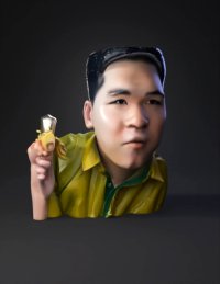 3d model: man with yellow shirt eating a banana in a close up portrait