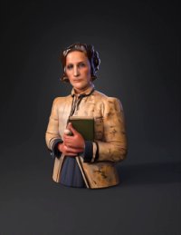 3d model: historical woman wearing a beige patterned period dress holding a gre