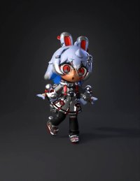 3d model: Chibi anime character with blue hair red eyes and a white gray outfi