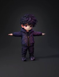3d model: chibi boy character with purple jacket and dark hair