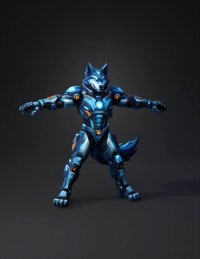 3d model: armored cyber wolf humanoid character with blue neon accents sci fi a