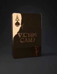 3d model: gold playing card with Ace of Spades symbol and the words VICTIM CARD