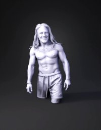 3d model: shirtless man with long hair and tattoo wearing bright orange swim sho