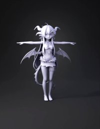 3d model: demon girl with green hair horns black bat wings tail fur trim sho