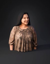 3d model: female portrait with long dark hair wearing a patterned brown blouse