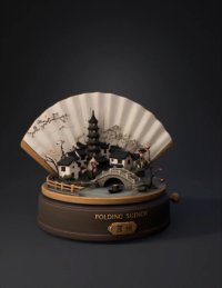 3d model: intricate suzhou water town diorama on folding fan featuring tradition
