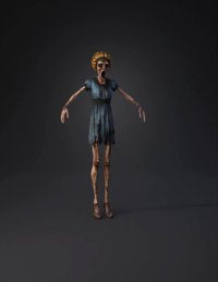 3d model: creature with elongated limbs in tattered blue dress pale skin screa