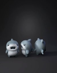 3d model: three blue gray plush shark characters with soft textured fur shown f