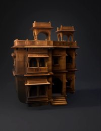 3d model: ornate sandstone building with arched windows and decorative balconies