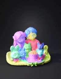 3d model: two chibi cartoon figurines with animals and a birthday cake in a fest